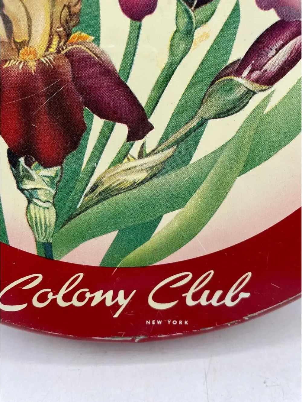 Vintage Colony Club Candy Tin: Red Iris Floral Metal Storage Box